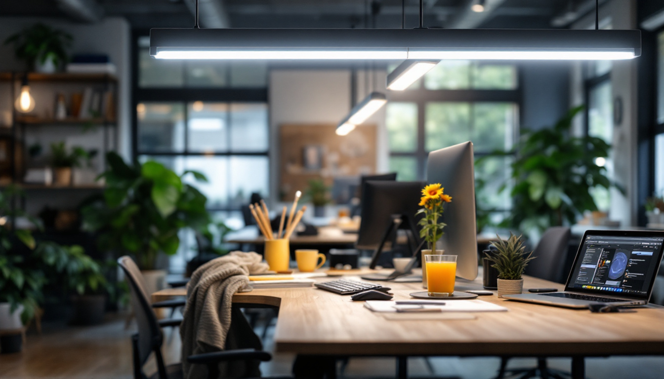 A photograph of a well-lit workspace featuring t8 led bulbs in a 4-foot configuration