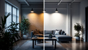 A photograph of a well-lit indoor space showcasing a before-and-after comparison of traditional lighting versus led can lights