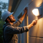 A photograph of a lighting contractor installing led motion sensor lights in a residential setting