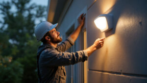 A photograph of a lighting contractor installing led motion sensor lights in a residential setting