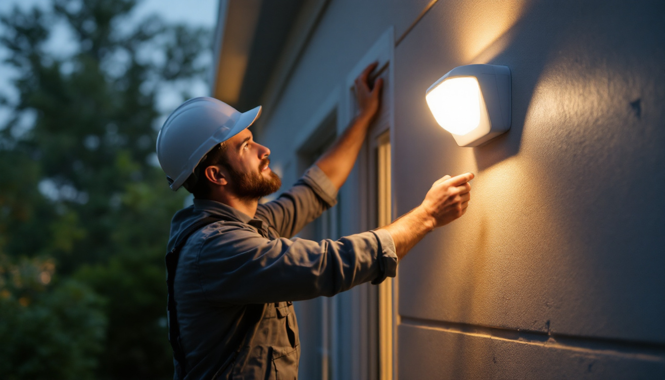 A photograph of a lighting contractor installing led motion sensor lights in a residential setting