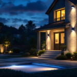 A photograph of capture a photograph of a well-lit outdoor area showcasing a variety of security motion lights installed around a home