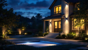 A photograph of capture a photograph of a well-lit outdoor area showcasing a variety of security motion lights installed around a home