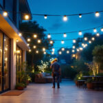 A photograph of a brightly lit outdoor space featuring canopy lights in an inviting setting