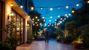 A photograph of a brightly lit outdoor space featuring canopy lights in an inviting setting