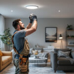A photograph of a lighting contractor installing recessed can lights in a modern living space