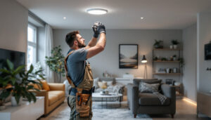 A photograph of a lighting contractor installing recessed can lights in a modern living space