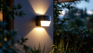 A photograph of a beautifully designed solar-powered wall sconce mounted on an exterior wall