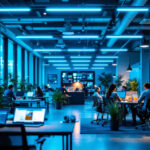 A photograph of a modern office space illuminated by sleek led lighting