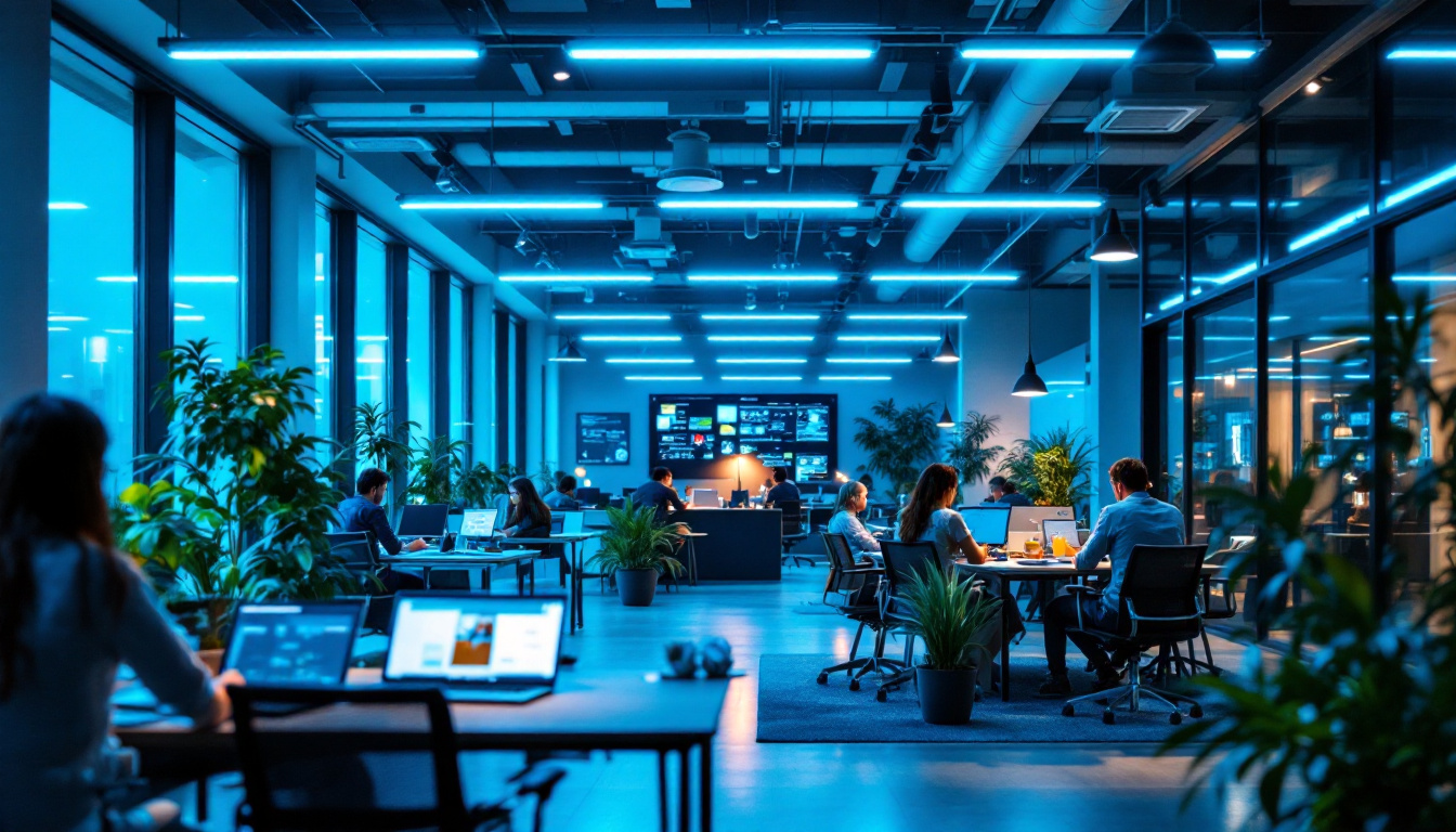 A photograph of a modern office space illuminated by sleek led lighting