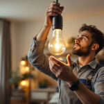 A photograph of a lighting contractor expertly installing a type r light bulb in a well-lit residential or commercial setting