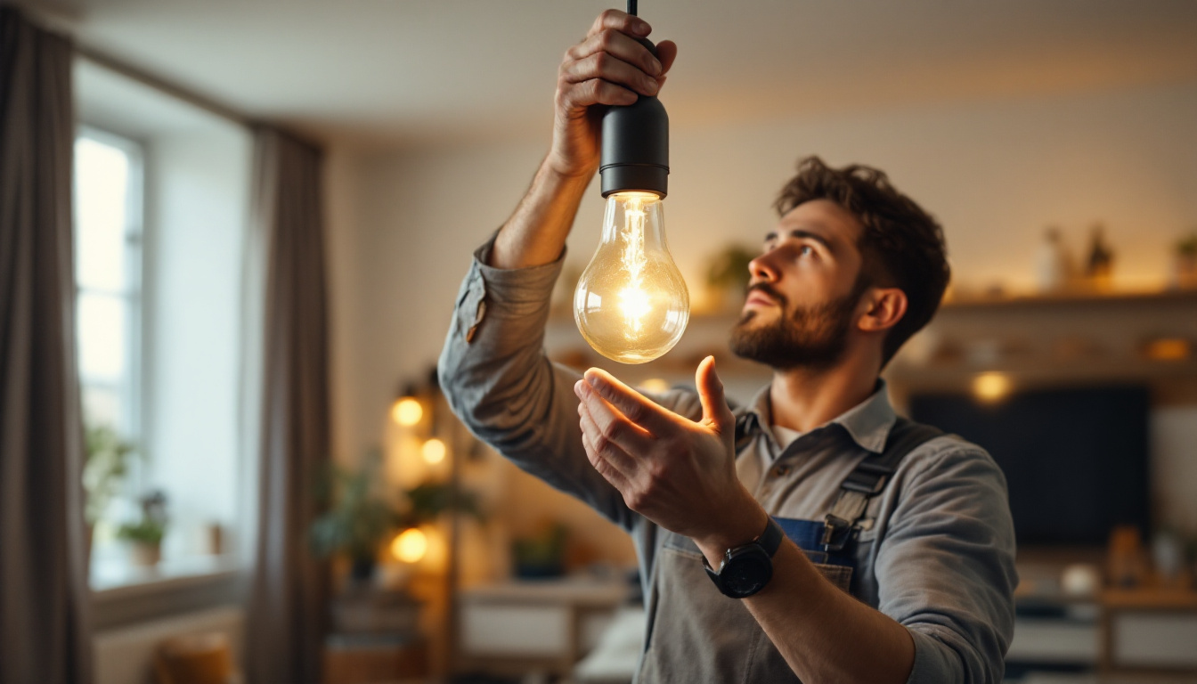 A photograph of a lighting contractor expertly installing a type r light bulb in a well-lit residential or commercial setting