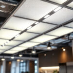 A photograph of a well-designed drop ceiling featuring sleek led lights in a modern commercial space