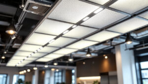 A photograph of a well-designed drop ceiling featuring sleek led lights in a modern commercial space