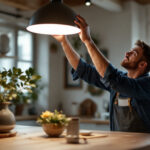 A photograph of a skilled lighting contractor in action