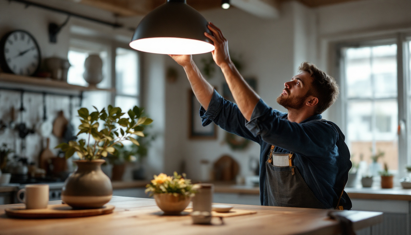 A photograph of a skilled lighting contractor in action