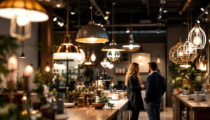 A photograph of a well-lit pendant lighting display in a stylish showroom