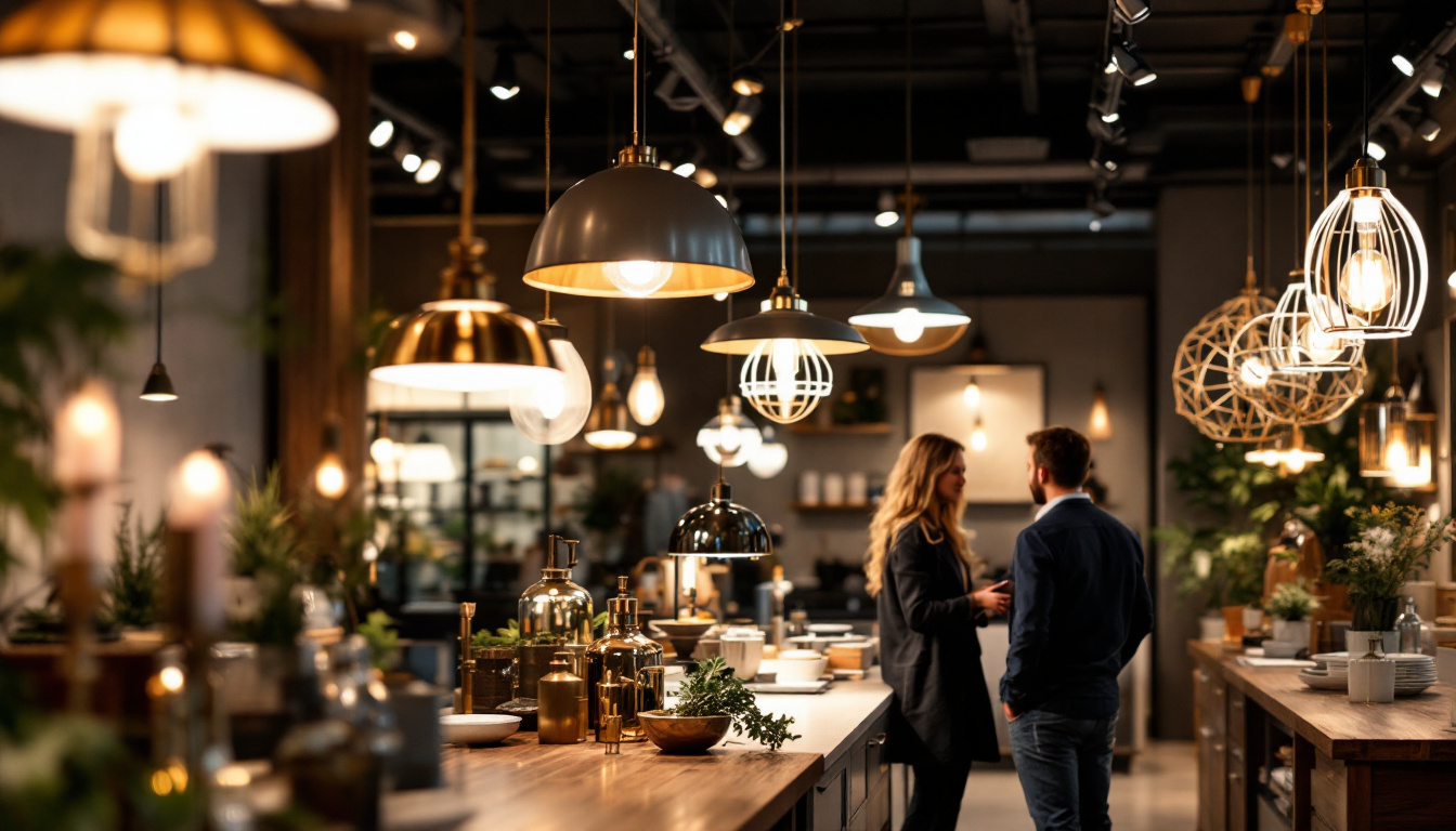A photograph of a well-lit pendant lighting display in a stylish showroom