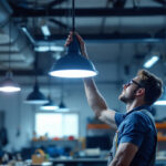 A photograph of a well-lit workshop or garage space showcasing led hanging shop lights in use
