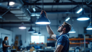 A photograph of a well-lit workshop or garage space showcasing led hanging shop lights in use
