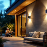 A photograph of a well-lit outdoor space featuring modern led wall lights installed on a stylish exterior