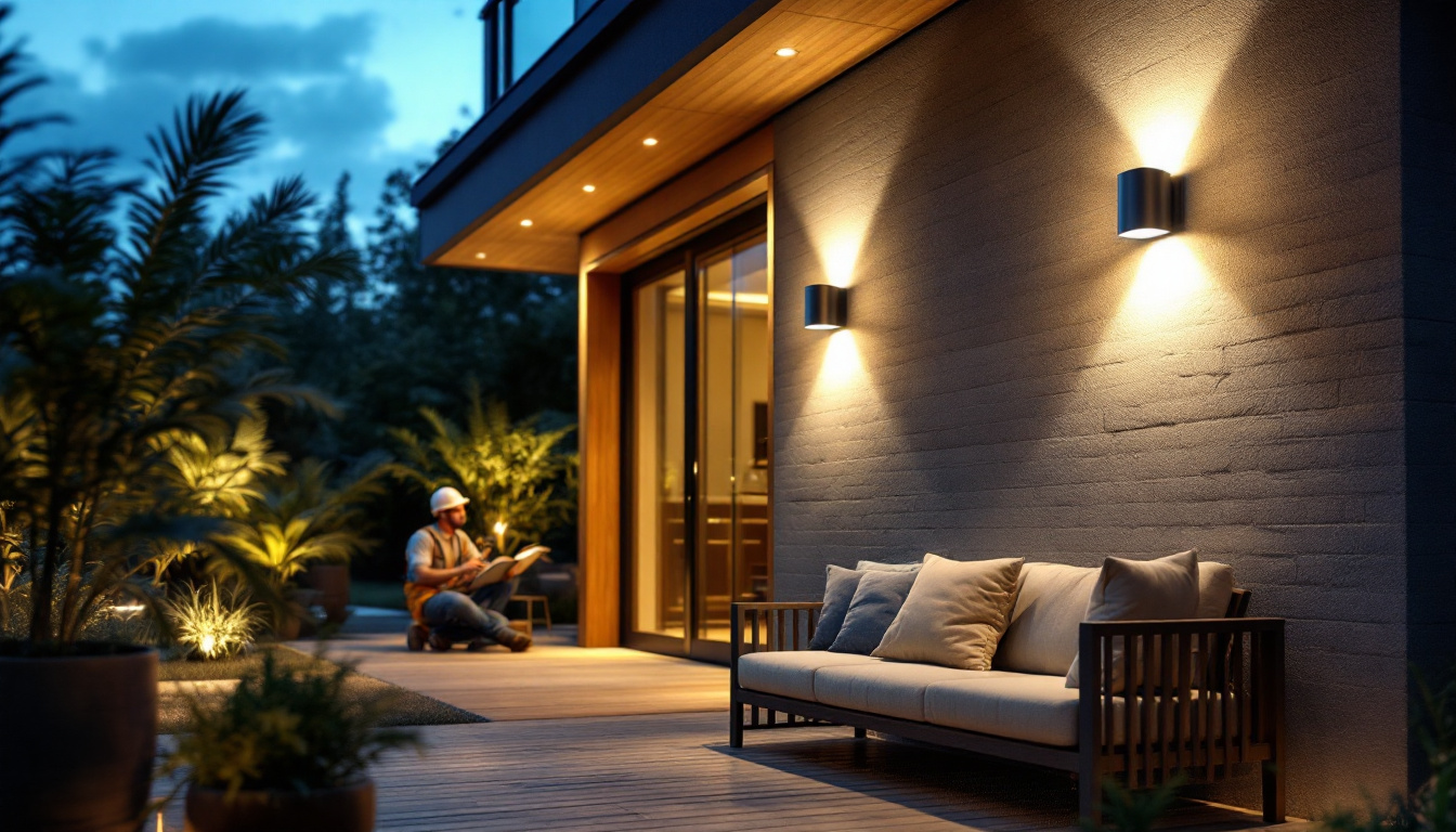 A photograph of a well-lit outdoor space featuring modern led wall lights installed on a stylish exterior