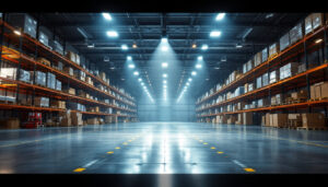 A photograph of a well-lit warehouse interior