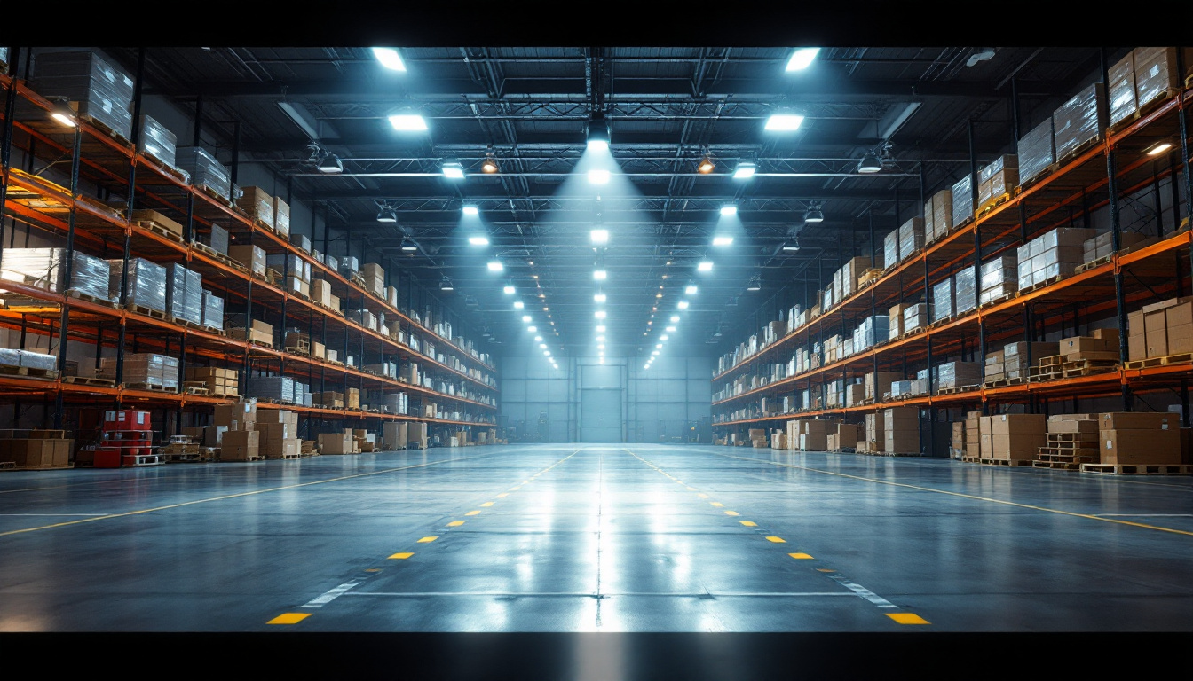 A photograph of a well-lit warehouse interior