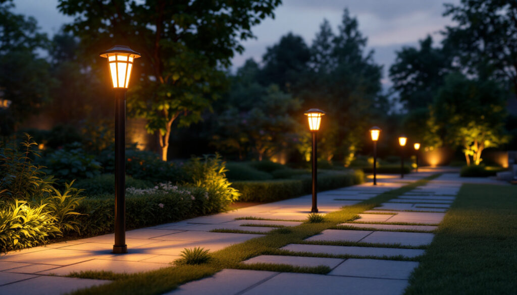A photograph of a beautifully lit outdoor space featuring various styles of post solar lights illuminating pathways and garden areas