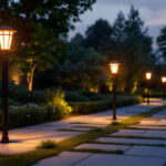 A photograph of a beautifully lit outdoor space featuring various styles of post solar lights illuminating pathways and garden areas