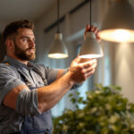 A photograph of a skilled lighting contractor installing or adjusting canister lights in a modern interior space