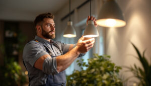 A photograph of a skilled lighting contractor installing or adjusting canister lights in a modern interior space
