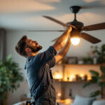 A photograph of a skilled lighting contractor installing a stylish ceiling fan in a modern living space