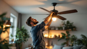 A photograph of a skilled lighting contractor installing a stylish ceiling fan in a modern living space