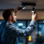 A photograph of a lighting contractor expertly installing a sleek led track lighting kit in a modern interior space