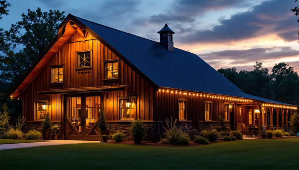 A photograph of a beautifully lit barn exterior at dusk