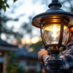 A photograph of a skilled lighting contractor installing a stylish lamp post top in an outdoor setting