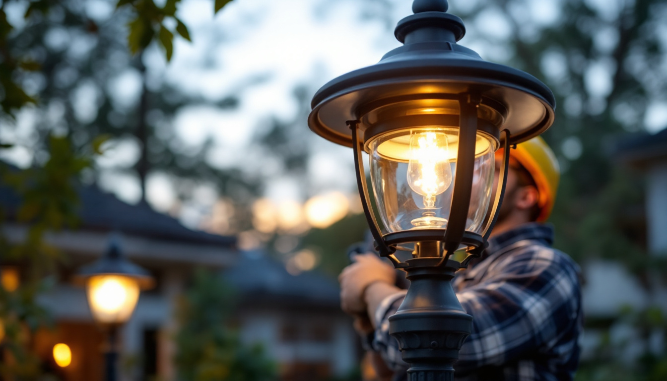 A photograph of a skilled lighting contractor installing a stylish lamp post top in an outdoor setting