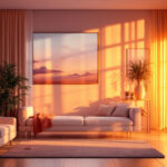 A photograph of a beautifully lit interior space showcasing the warm glow of dawn and dusk lighting