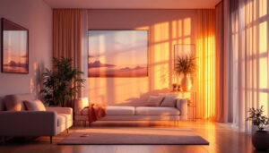 A photograph of a beautifully lit interior space showcasing the warm glow of dawn and dusk lighting