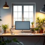 A photograph of a well-lit workspace featuring a combination of natural and artificial lighting sources