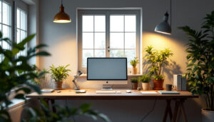 A photograph of a well-lit workspace featuring a combination of natural and artificial lighting sources