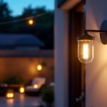 A photograph of a beautifully designed outdoor wall-mounted lighting fixture illuminating a cozy patio or garden space at dusk