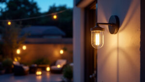 A photograph of a beautifully designed outdoor wall-mounted lighting fixture illuminating a cozy patio or garden space at dusk