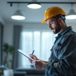 A photograph of a skilled lighting contractor reviewing a checklist while installing led lights in a modern residential or commercial space