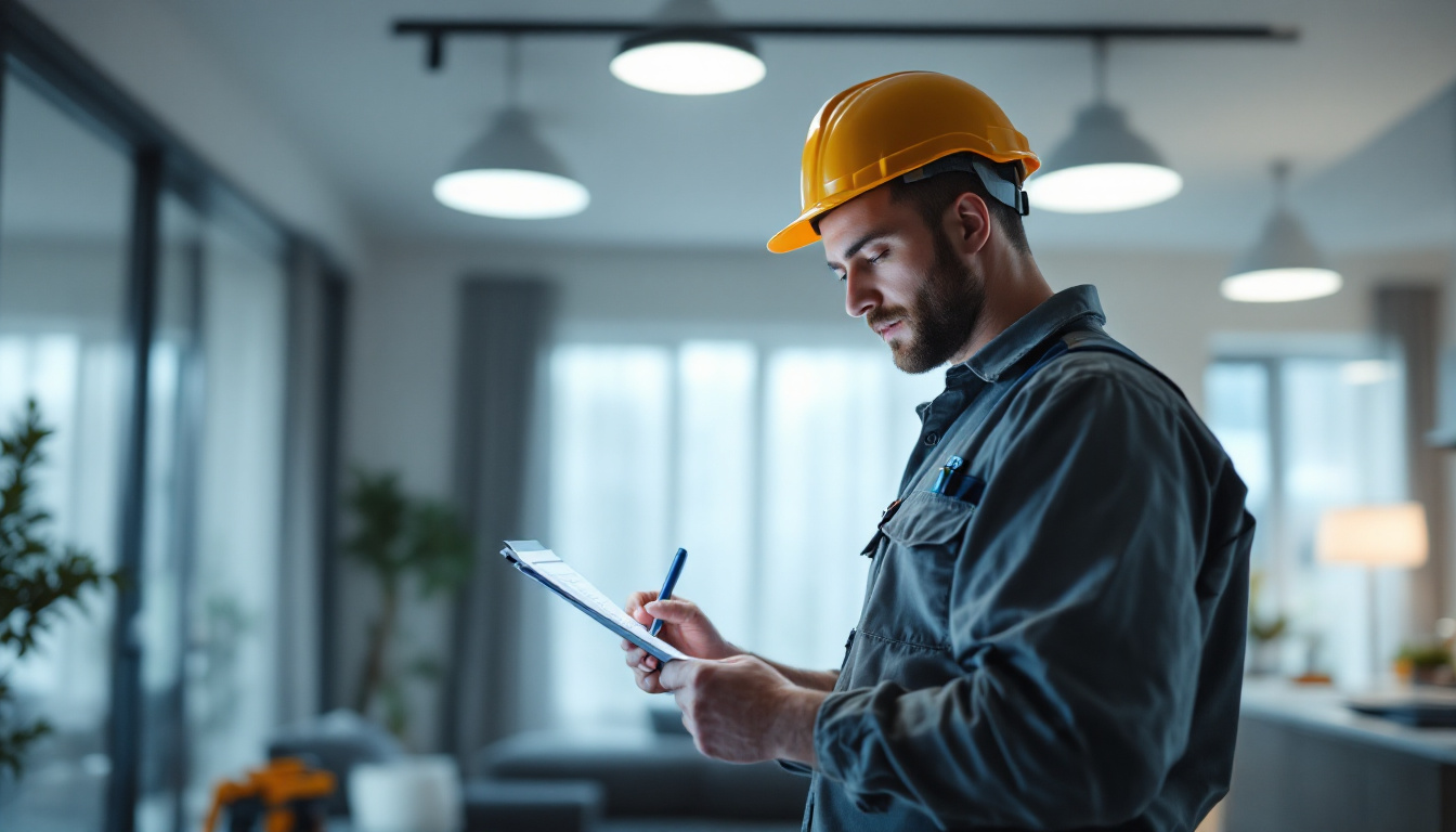 A photograph of a skilled lighting contractor reviewing a checklist while installing led lights in a modern residential or commercial space