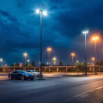 A photograph of a well-lit parking lot at dusk