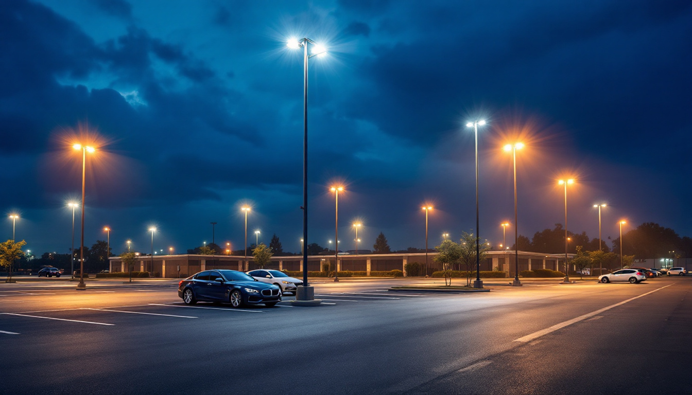 A photograph of a well-lit parking lot at dusk