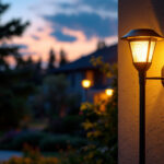 A photograph of a beautifully illuminated exterior solar lamp installed in a residential or commercial outdoor setting during twilight