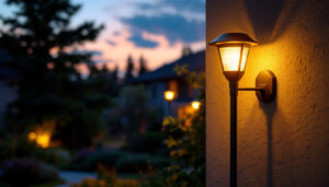 A photograph of a beautifully illuminated exterior solar lamp installed in a residential or commercial outdoor setting during twilight